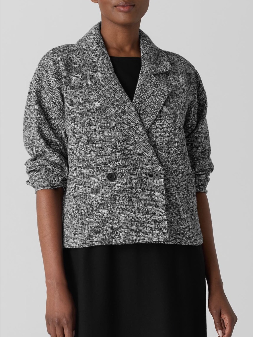 Eileen Fisher Double Breasted Stretch Organic Cotton Short Blazer Large Black